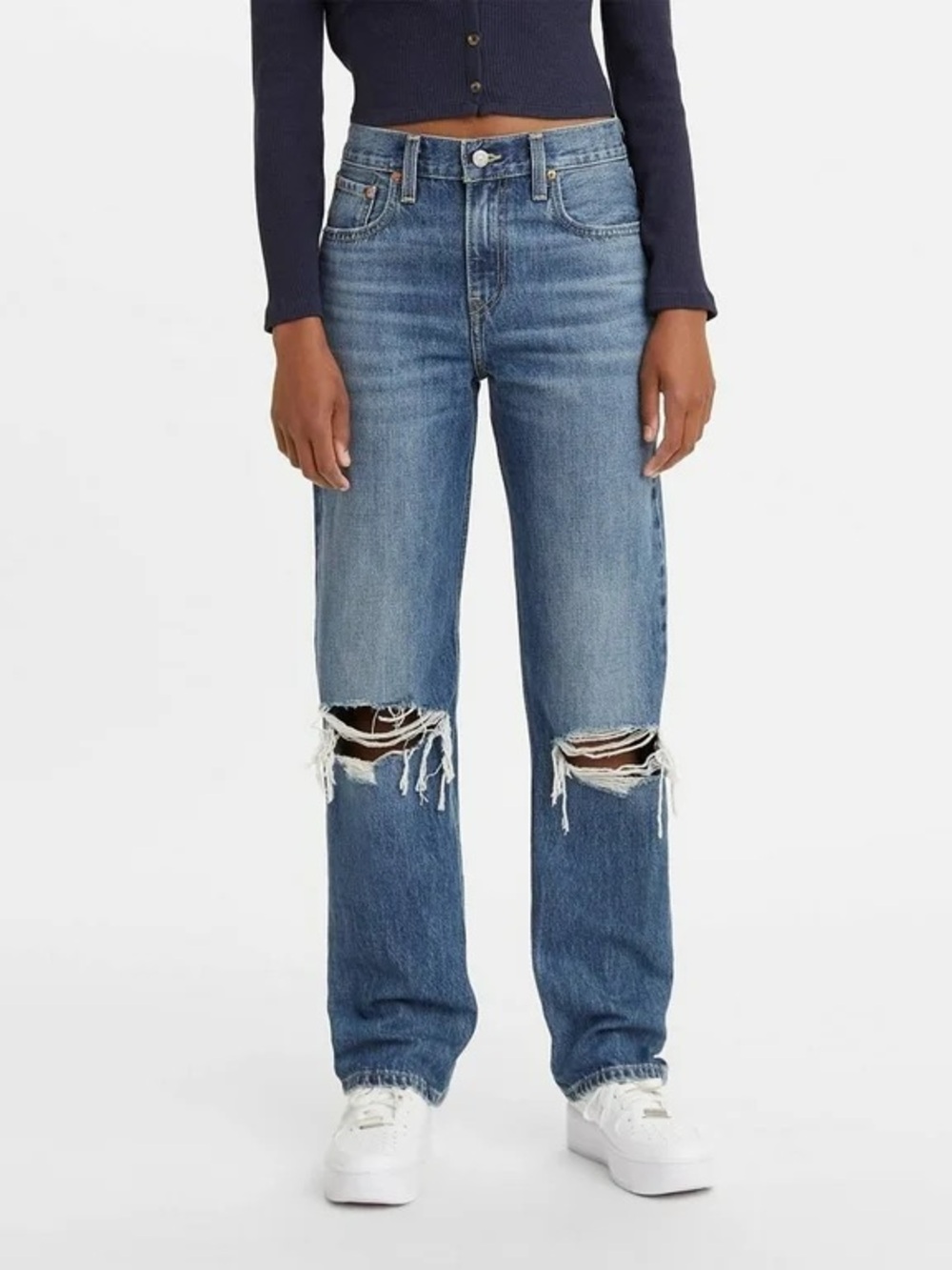 Levi's Boyfriend Jeans in Medium Blue with Knee Rips